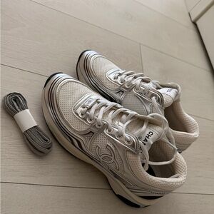 CHANEL White and Silver Mesh Logo Sneakers